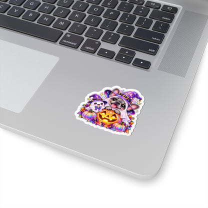 Halloween Frenchie & Ghost Sticker — Cute Witch Hat Jack-o'-Lantern Kiss-Cut Sticker