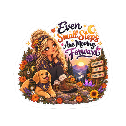 "Even Small Steps Are Moving Forward" Outdoor Adventure Motivational Sticker blonde girl