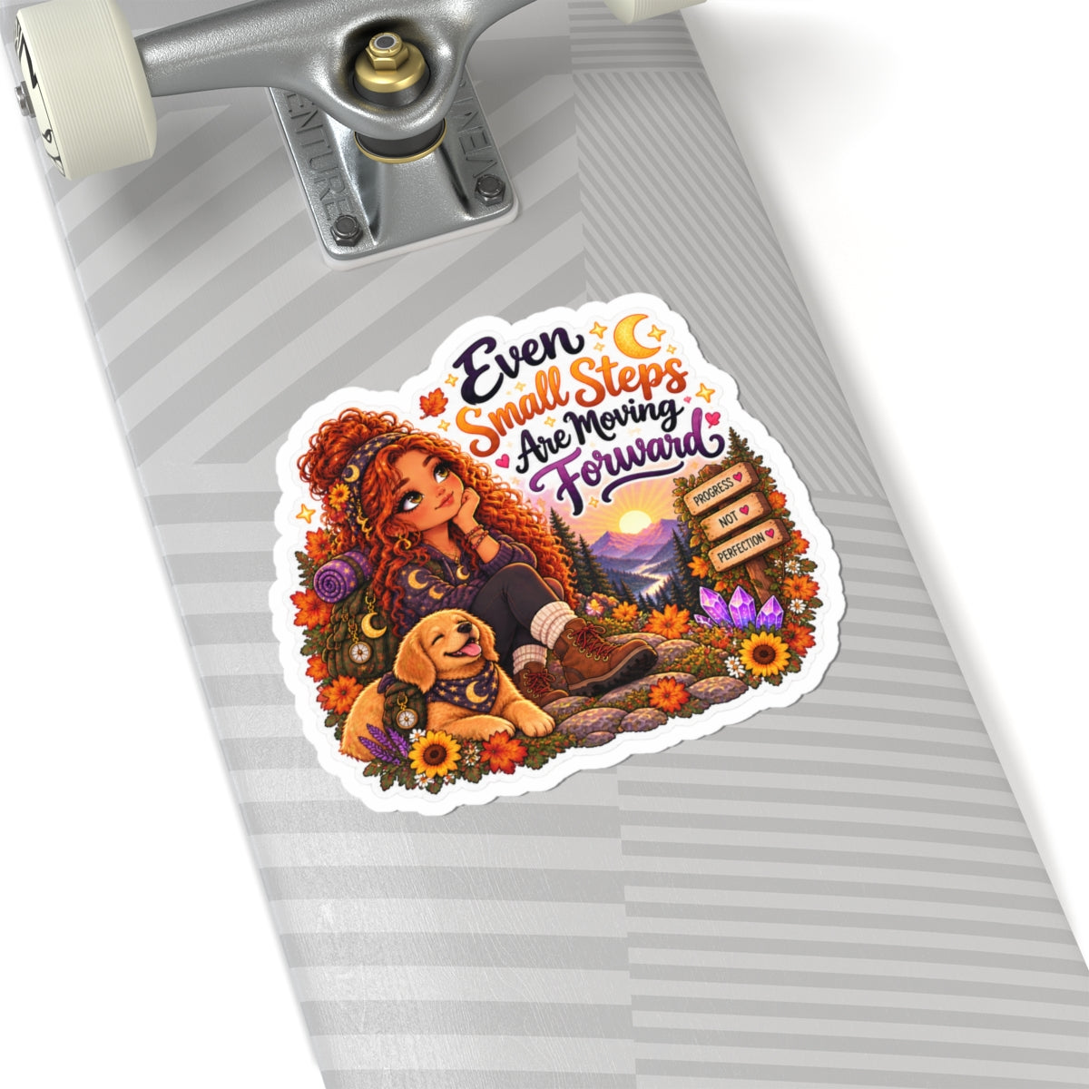 “Even Small Steps Are Moving Forward” Inspirational Hiking Sticker redhead girl