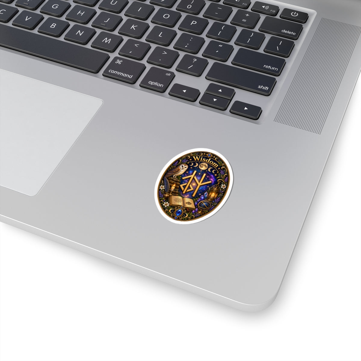 Wisdom Rune Sticker — Owl, Moon & Mystic Book Kiss‑Cut Sticker