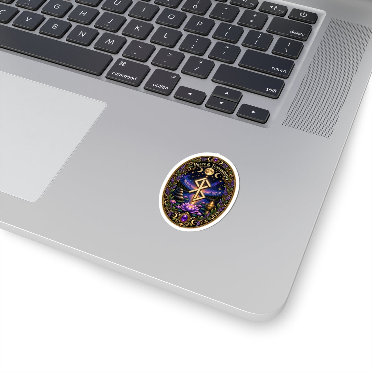 Peace & Tranquility Rune Meditation Sticker — Spiritual Lotus Nightscape Kiss-Cut Sticker