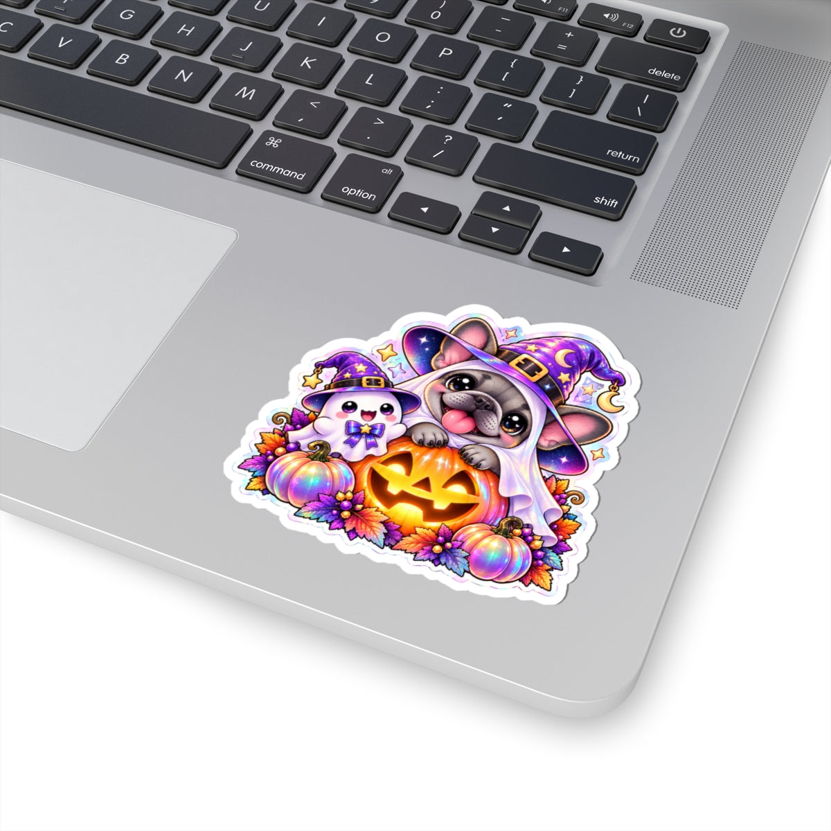 Halloween Frenchie & Ghost Sticker — Cute Witch Hat Jack-o'-Lantern Kiss-Cut Sticker