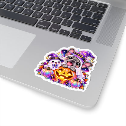 Halloween Frenchie & Ghost Sticker — Cute Witch Hat Jack-o'-Lantern Kiss-Cut Sticker