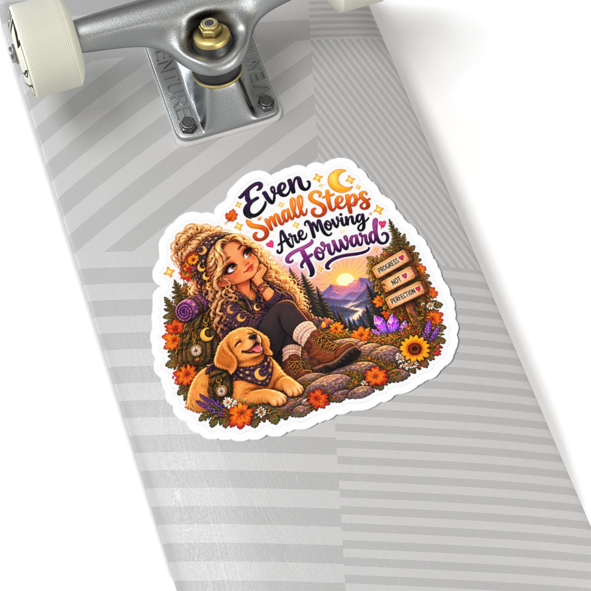 "Even Small Steps Are Moving Forward" Outdoor Adventure Motivational Sticker blonde girl
