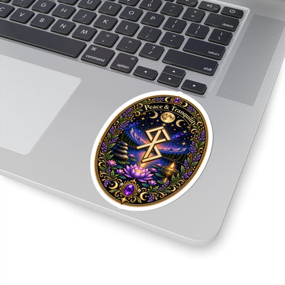 Peace & Tranquility Rune Meditation Sticker — Spiritual Lotus Nightscape Kiss-Cut Sticker
