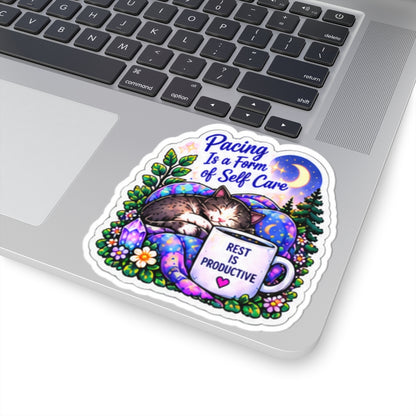 Pacing Is a Form of Self Care Kiss-Cut Vinyl Sticker (Rest Is Productive) Self Care Cat Sticker