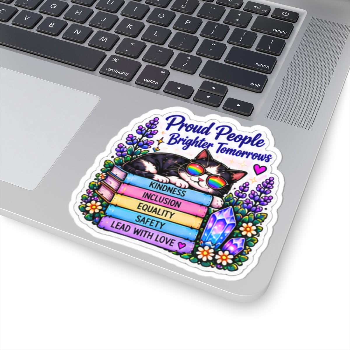 Proud People Brighter Tomorrow Sticker — Rainbow Cat on Books (Kindness • Inclusion • Equality • Safety)