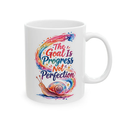 Colorful Snail Ceramic Mug — 'Progress, Not Perfection' Inspirational Coffee Cup (11oz)