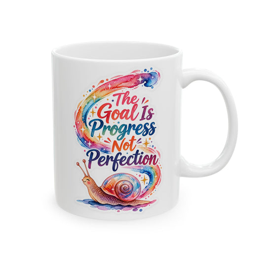 Colorful Snail Ceramic Mug — 'Progress, Not Perfection' Inspirational Coffee Cup (11oz)