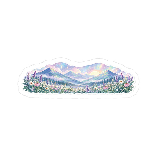 Pastel Mountain Sunrise Sticker — Floral Landscape Kiss-Cut Decal
