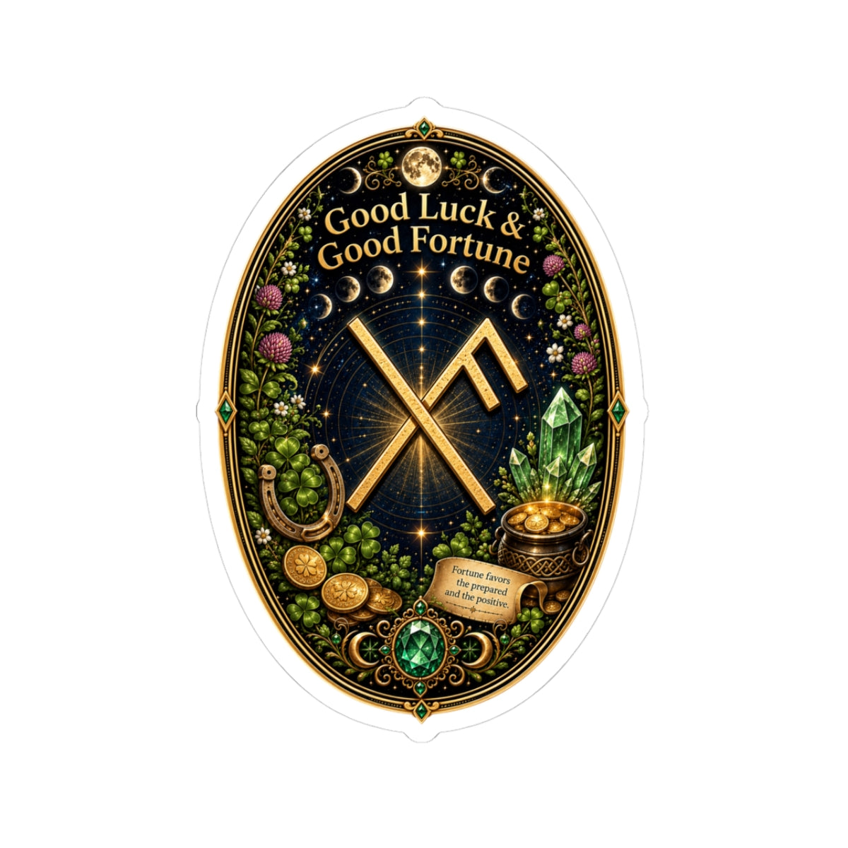 Good Luck & Good Fortune Rune Oval Sticker — Lucky Symbols, Crystals & Gold Coins Kiss-Cut Sticker
