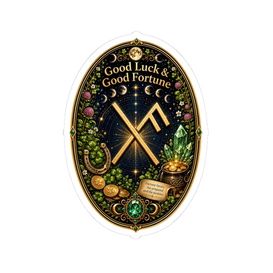 Good Luck & Good Fortune Rune Oval Sticker — Lucky Symbols, Crystals & Gold Coins Kiss-Cut Sticker