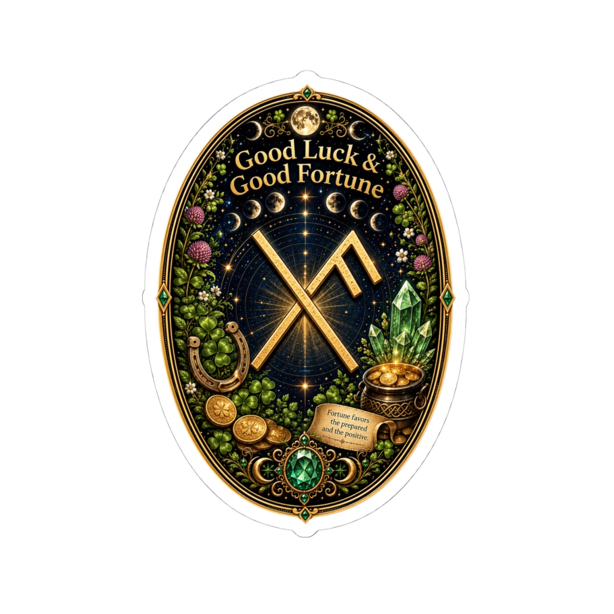Good Luck & Good Fortune Rune Oval Sticker — Lucky Symbols, Crystals & Gold Coins Kiss-Cut Sticker