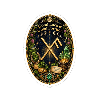 Good Luck & Good Fortune Rune Oval Sticker — Lucky Symbols, Crystals & Gold Coins Kiss-Cut Sticker