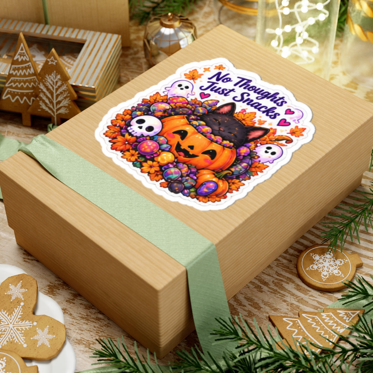 No Thoughts Just Snacks Halloween Cat Pumpkin Kiss-Cut Sticker
