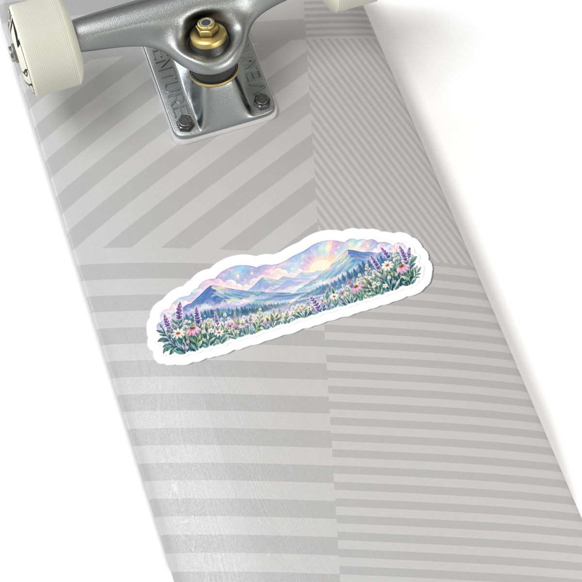 Pastel Mountain Sunrise Sticker — Floral Landscape Kiss-Cut Decal