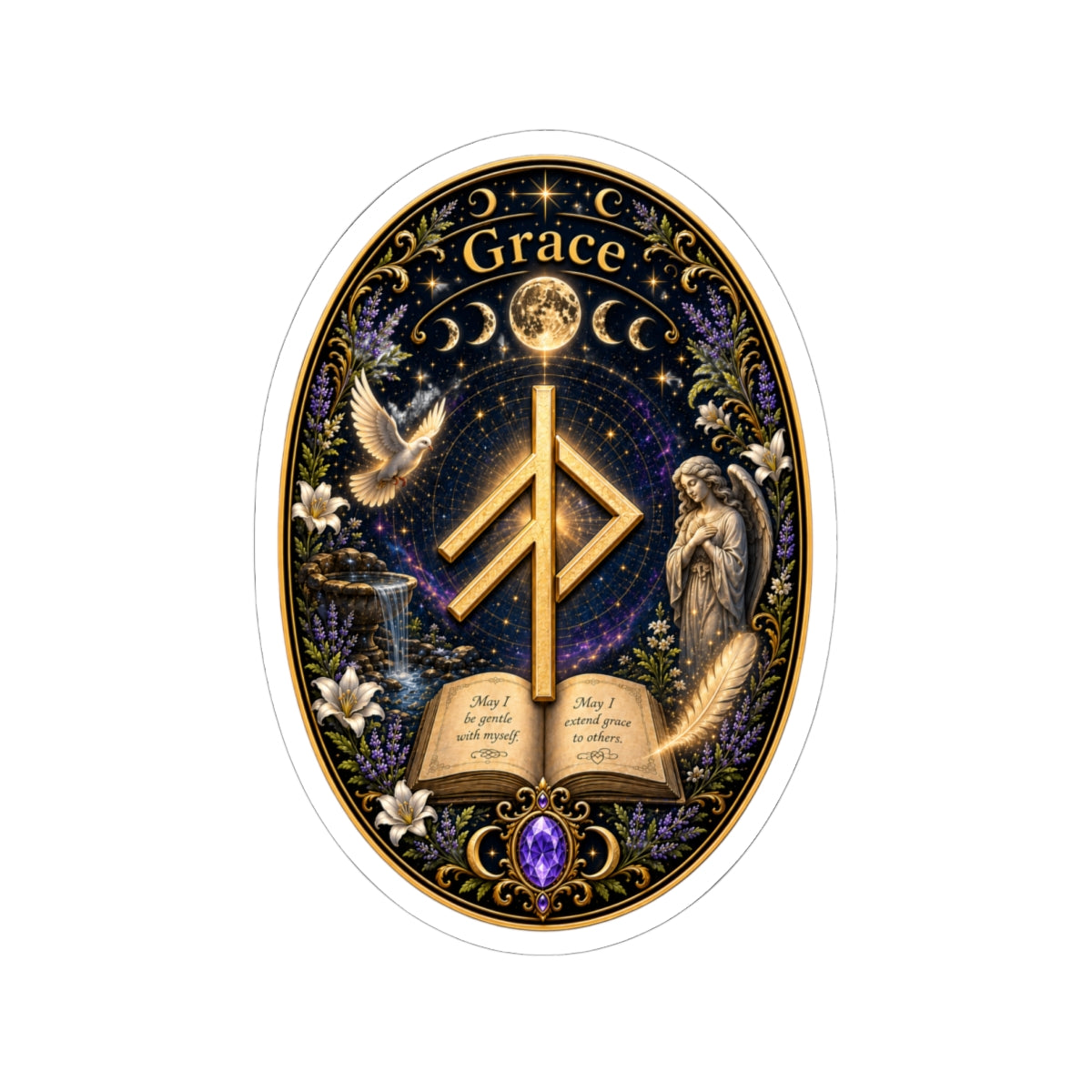 Grace Rune Kiss-Cut Sticker — Mystical Angelic Book & Moon Design