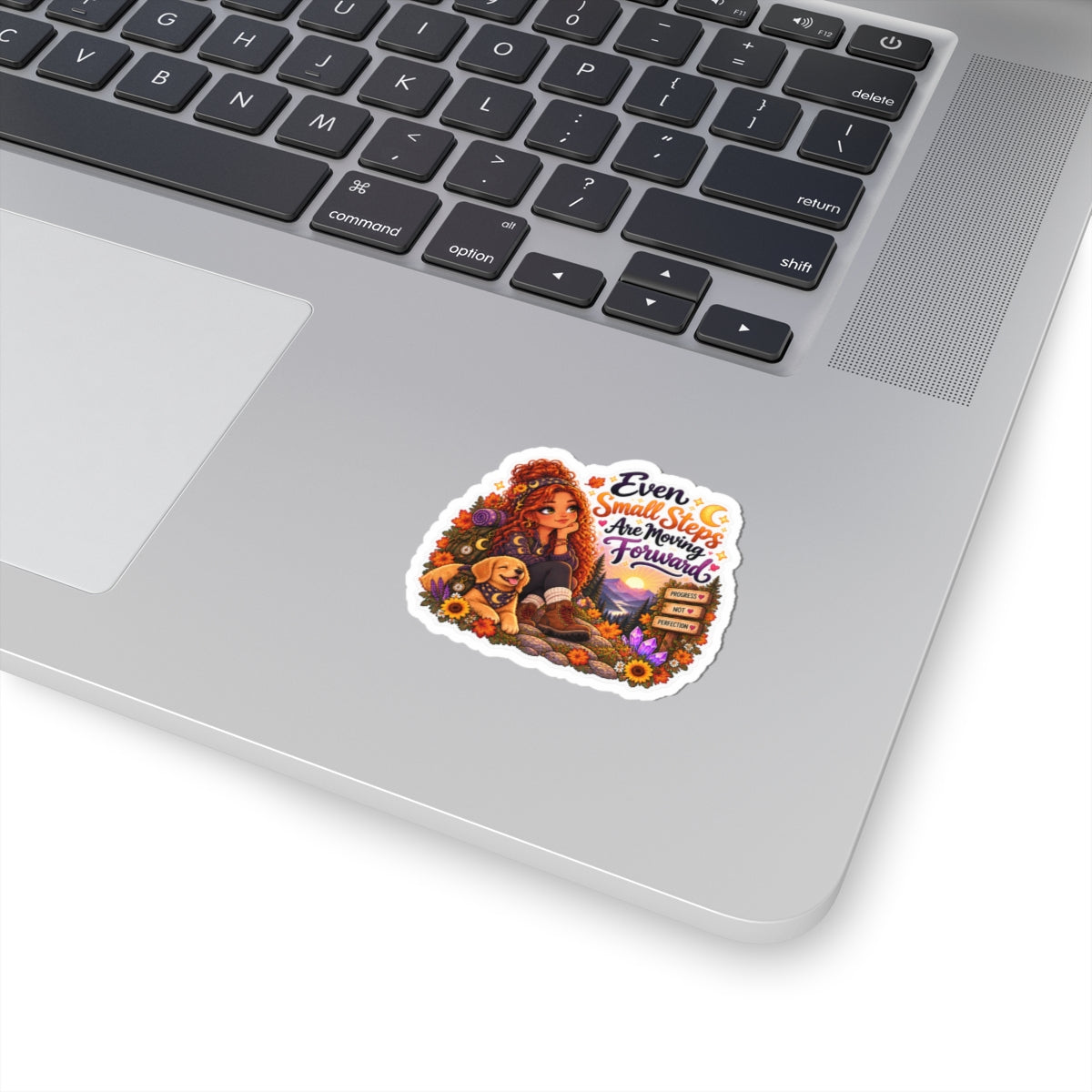 “Even Small Steps Are Moving Forward” Inspirational Hiking Sticker redhead girl