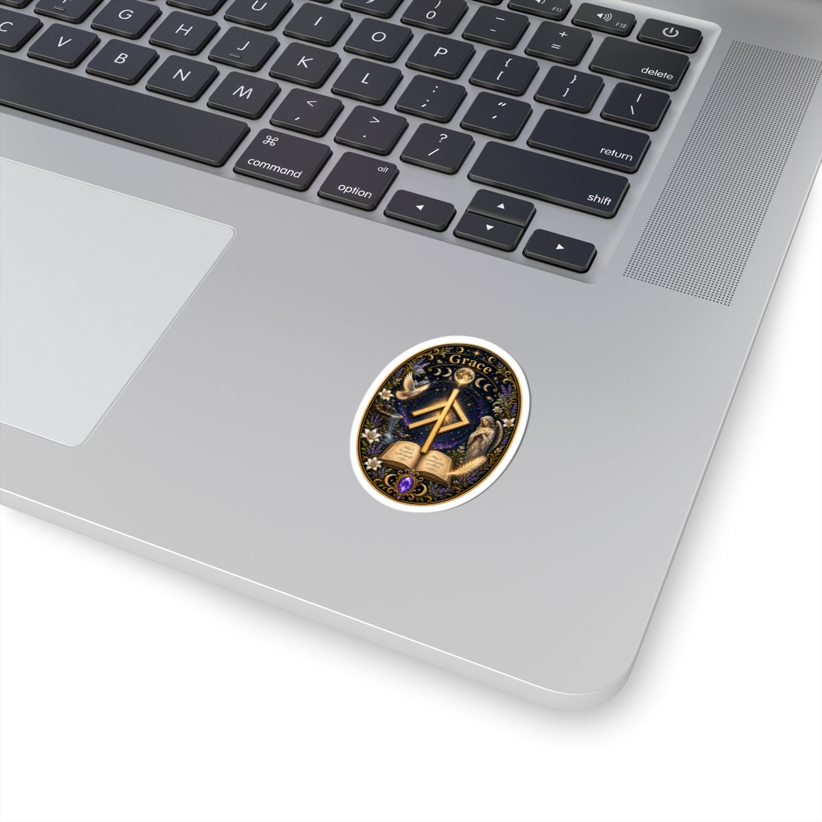 Grace Rune Kiss-Cut Sticker — Mystical Angelic Book & Moon Design