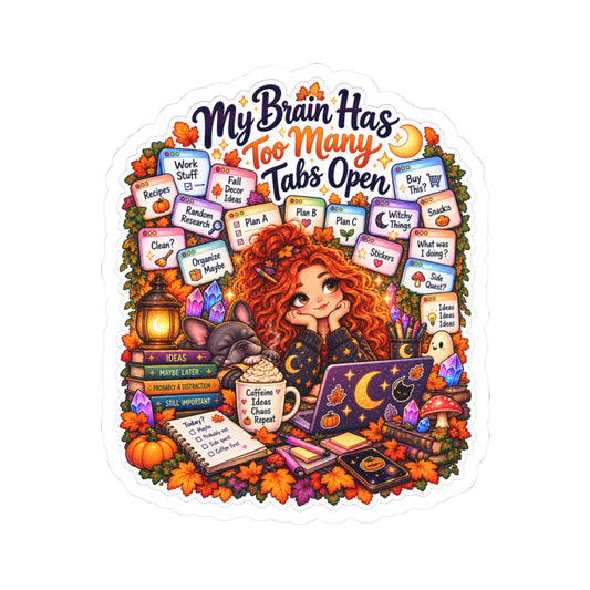 "My Brain Has Too Many Tabs Open" Redhead Woman Kiss-cut Sticker
