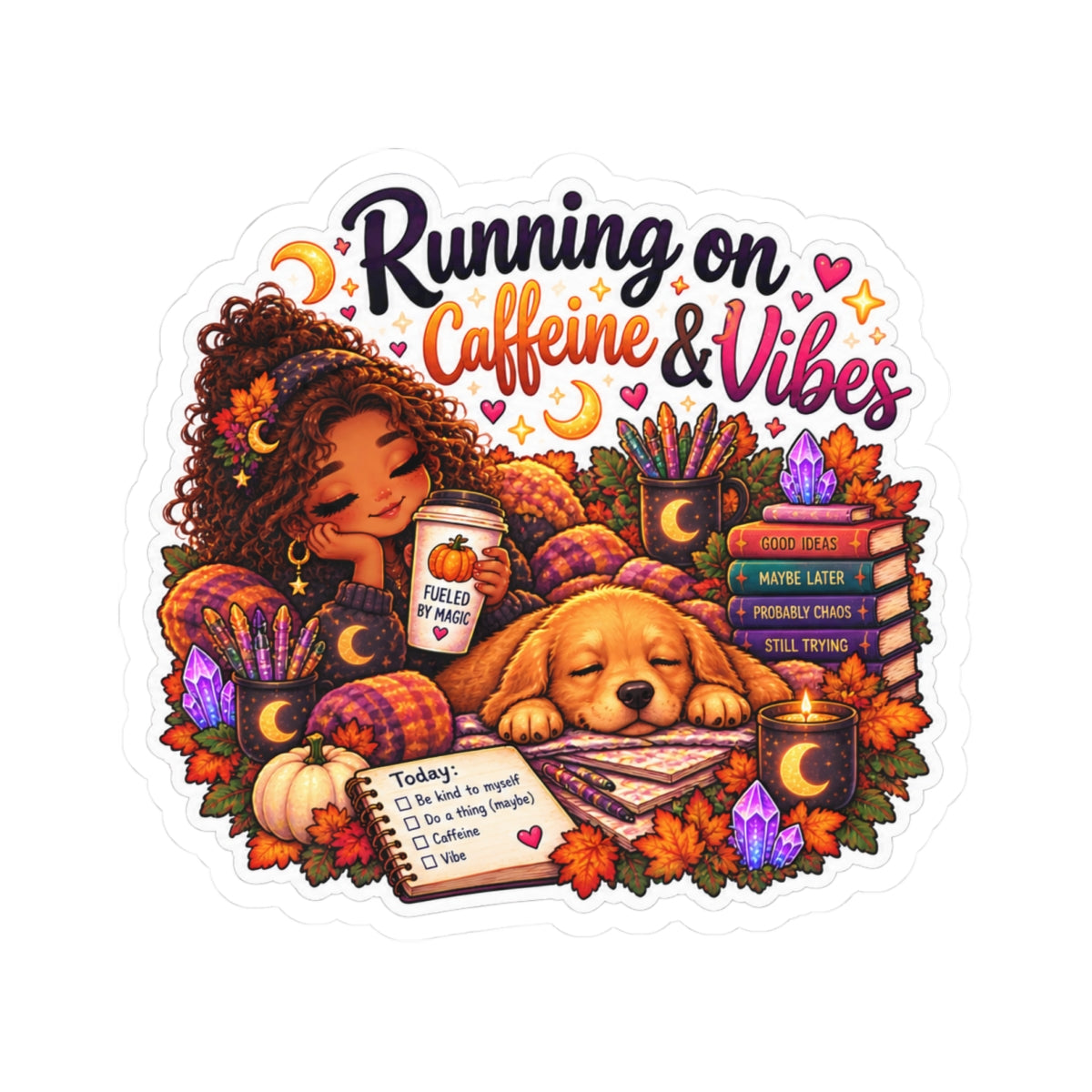 Running on Caffeine & Vibes Sticker — Fall Cozy Planner Laptop Decal