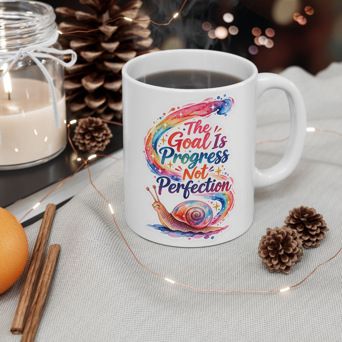 Colorful Snail Ceramic Mug — 'Progress, Not Perfection' Inspirational Coffee Cup (11oz)