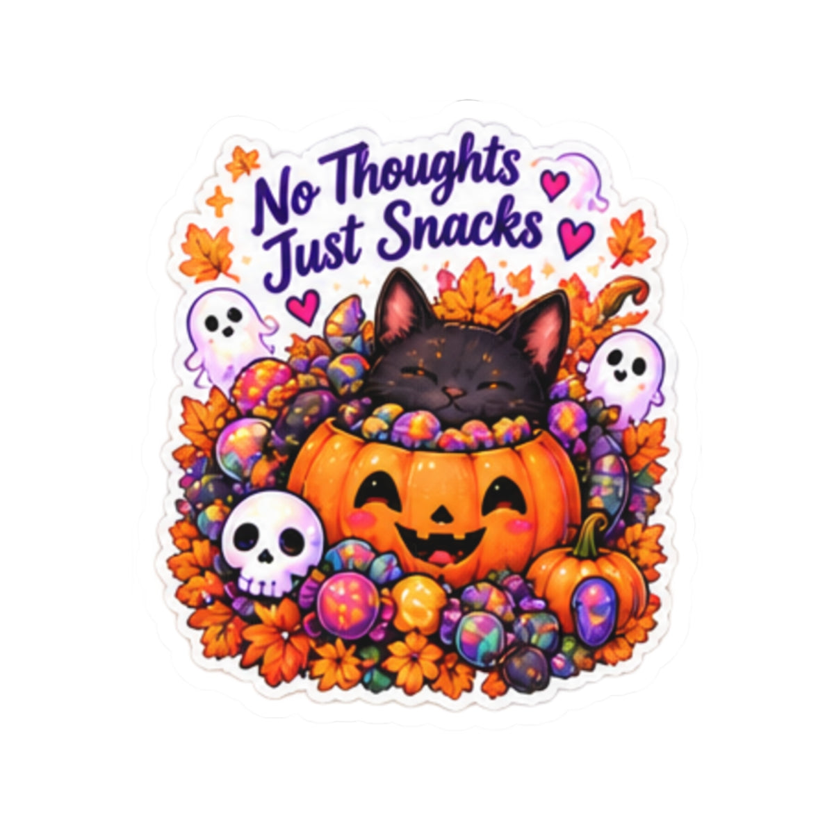 No Thoughts Just Snacks Halloween Cat Pumpkin Kiss-Cut Sticker