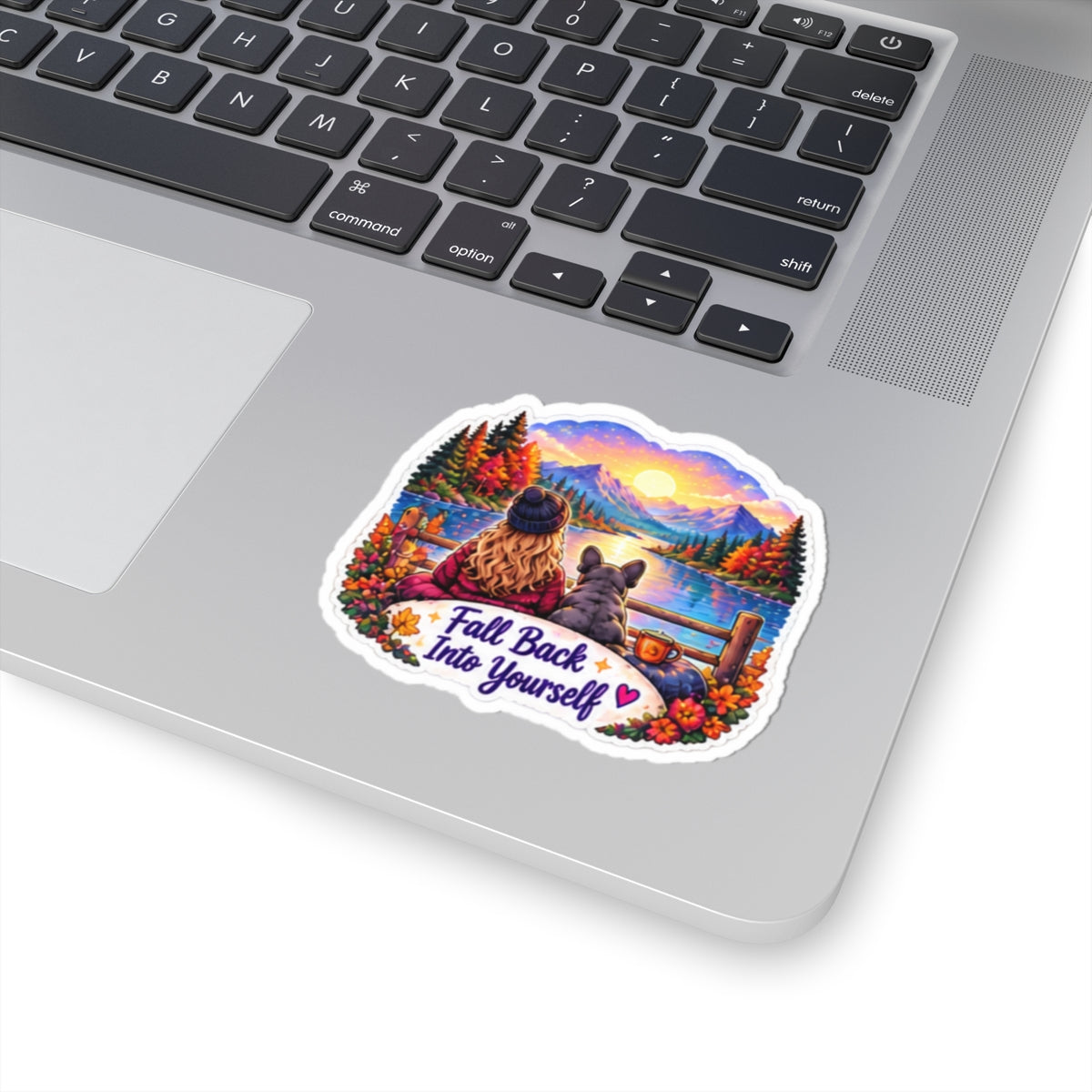 Fall Back Into Yourself Kiss-Cut Sticker — Cozy Autumn Lake Scene with Girl & Dog