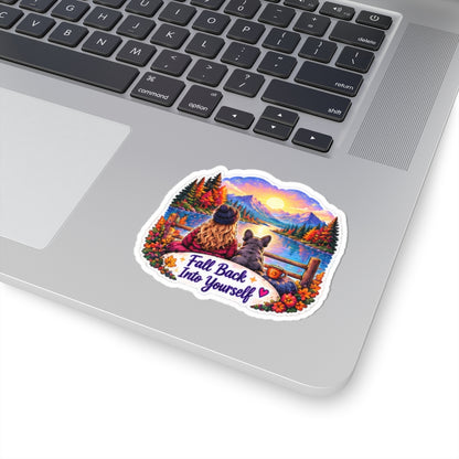 Fall Back Into Yourself Kiss-Cut Sticker — Cozy Autumn Lake Scene with Girl & Dog