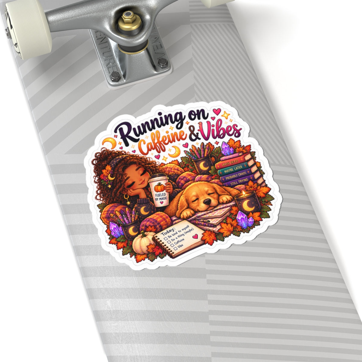 Running on Caffeine & Vibes Sticker — Fall Cozy Planner Laptop Decal