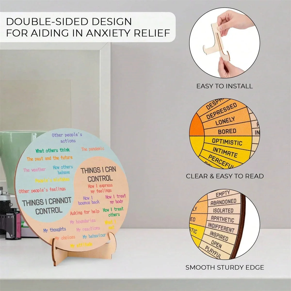 Feelings Wheel Therapy Office Desk Decor - Double Sided Mental Health Office Emotions Chart with Stand, Therapist Gifts for Home